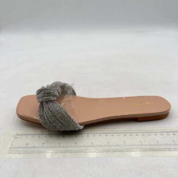 XYD Nude Shiny Rhinestone Straps Slide Sandals Sparkle Fancy Open Toe Slippers - Picture 2 of 8